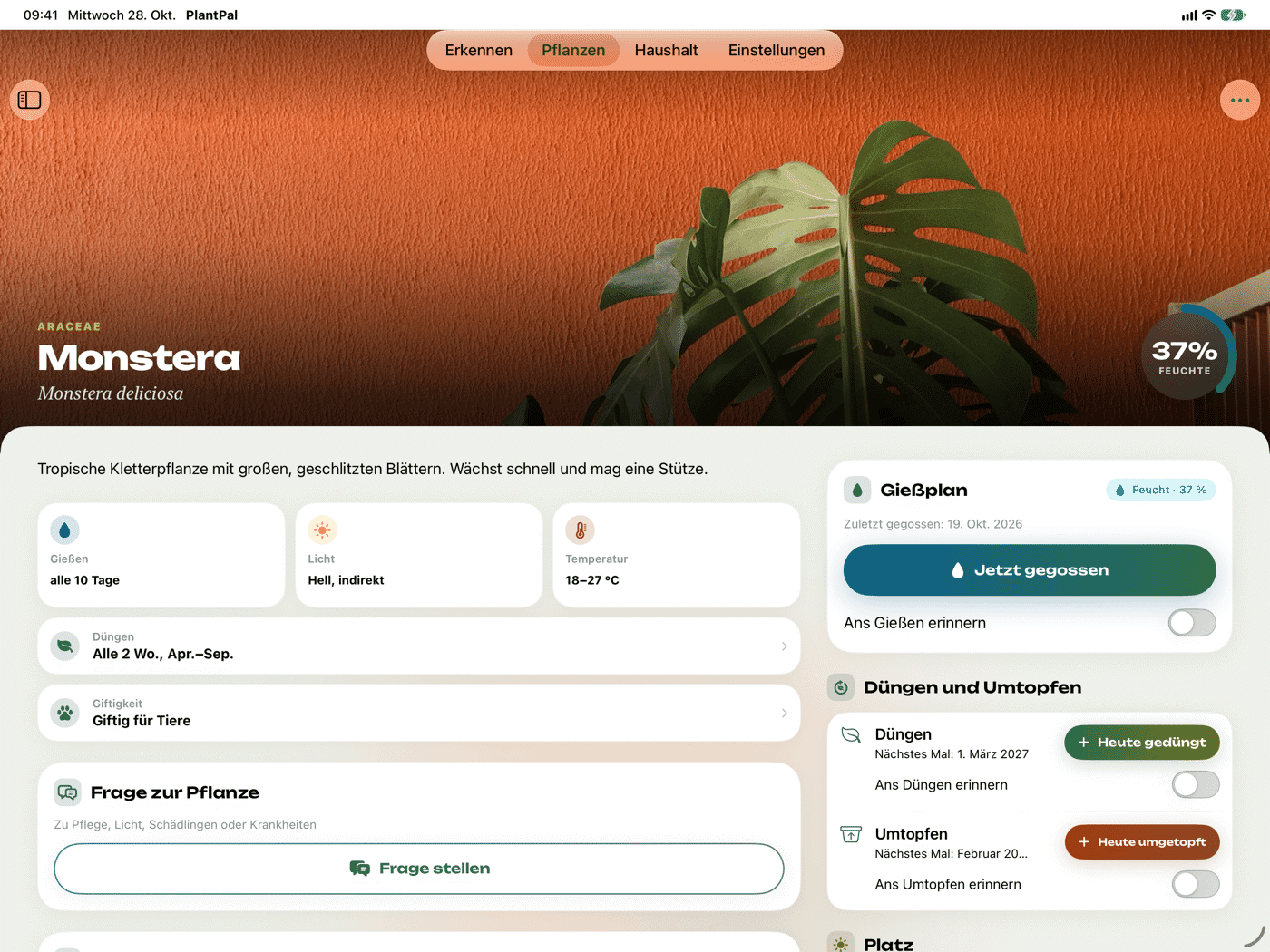 PlantPal am iPad im Querformat